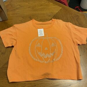 Goodie Two Sleeves Halloween Pumpkin Rhinestone Tee Shirt Women L Orange NWT